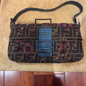 Fendi Black and Brown Embroidered Shoulder Bag
